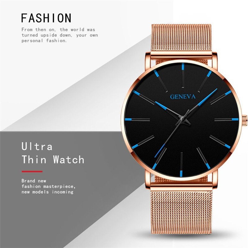 Ultra Thin Watch Men Business Blue Dial Watch Quartz Stainless Steel Strap Band Simple WristWatch Male Clock: RoseBlue