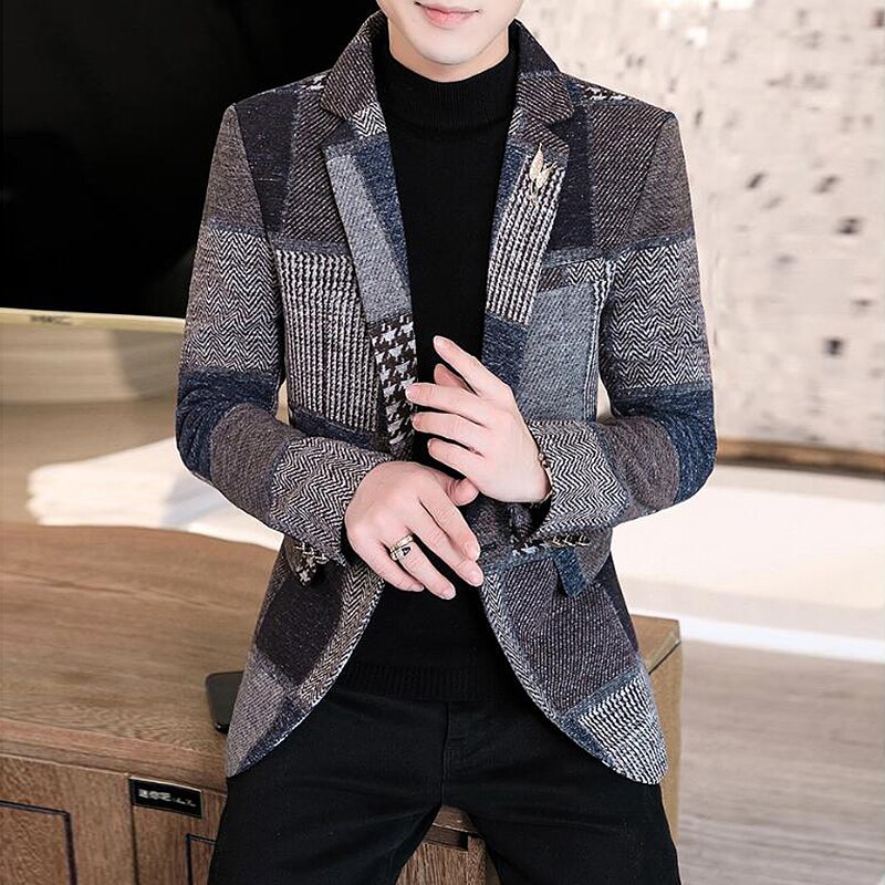 Mens Stylish Blazer Thick Warm Suit Jacket Men Woolen Coat With Plaid Stitching Blazer Hombre Slim Fit Prom Blazers For Men: Navy / Korean M