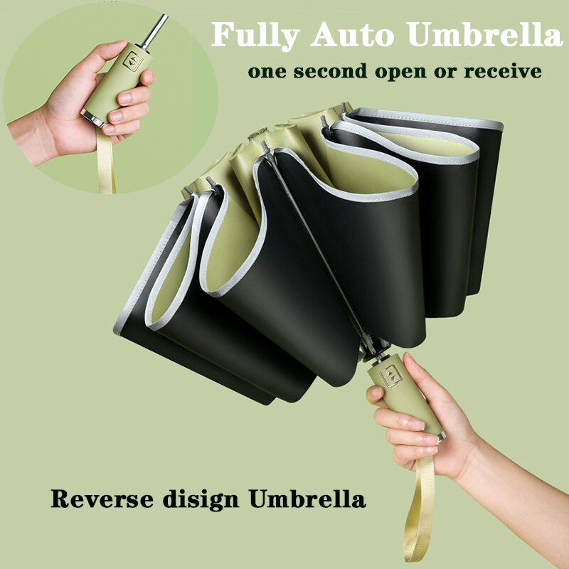 Verbeterde 90 Pinten Automatische Reverse Opvouwbare Paraplu Winddicht Veiligheid Led Fluorescentie Strip Uv Parasol Voor Business Volledig