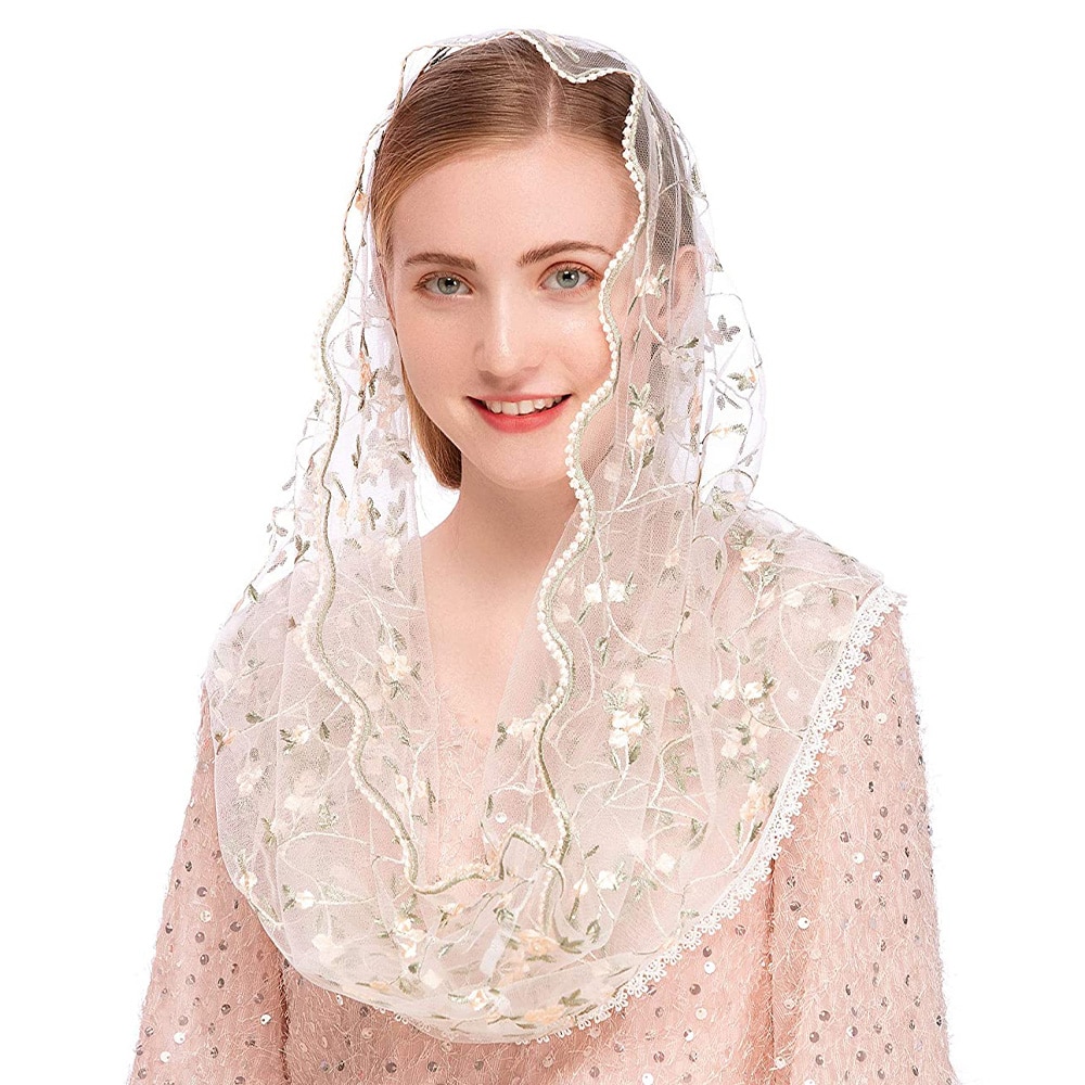 Velos de la Virgen para mujer, velo Infinity de Mantilla para mujer, masa latina, pequeño bordado Floral suave, pañuelo para cubrir la cabeza de encaje para novia