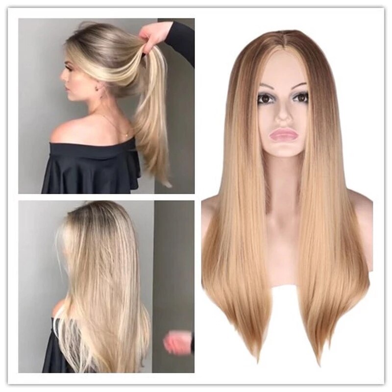 Grillige W Lange Rechte Zwarte Pruiken Voor Vrouwen Zwart Blond Natuurlijke Middelste Deel Hittebestendige Haar Synthetische Pruik: mixed Brown