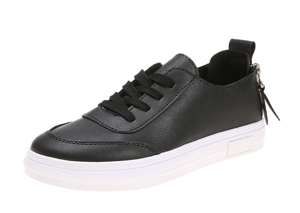 Kvinnor fritidsskor bekväma vita nude sneakers snörning delat läder flickor casual dragkedja plattor skor: Svart / 6