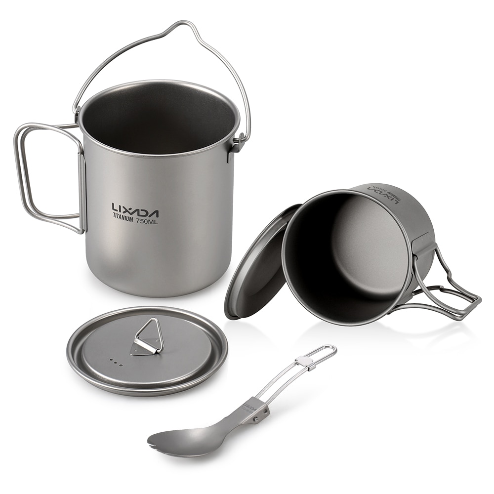 Lixada 3 sztuk tytanu 750ml garnek 420ml kubek wody kubek z pokrywką uchwyt składany Spork odkryty kemping piknik podróżować z plecakiem naczynia