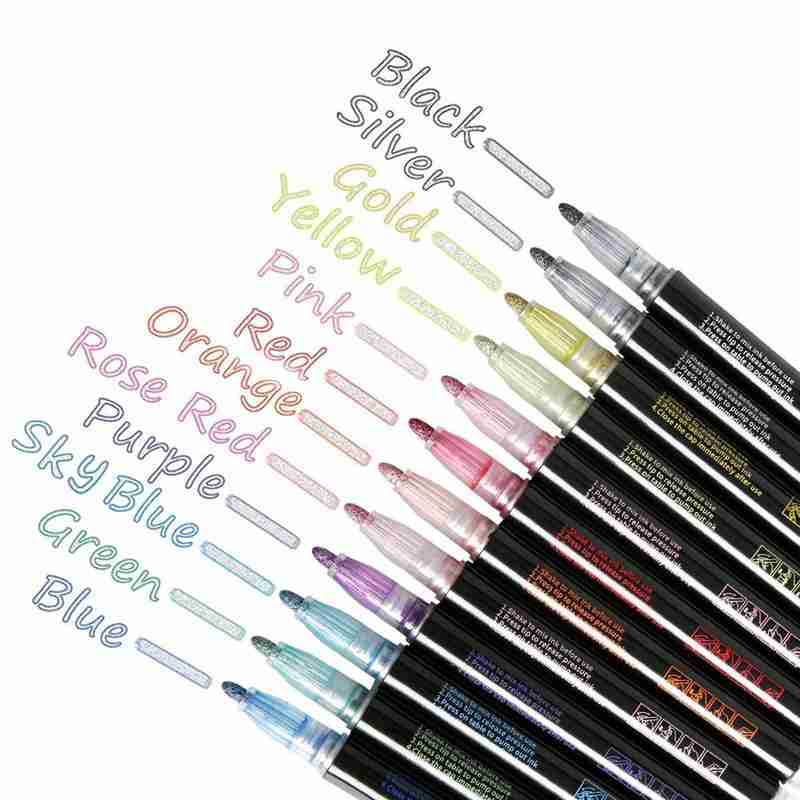 Overzicht Metallic Markers, Dubbele Lijn Shimmer Journal Volwassenen Pennen 12 Handtekening Tekening Kleuren Van Art Verf Set Voor O4M2