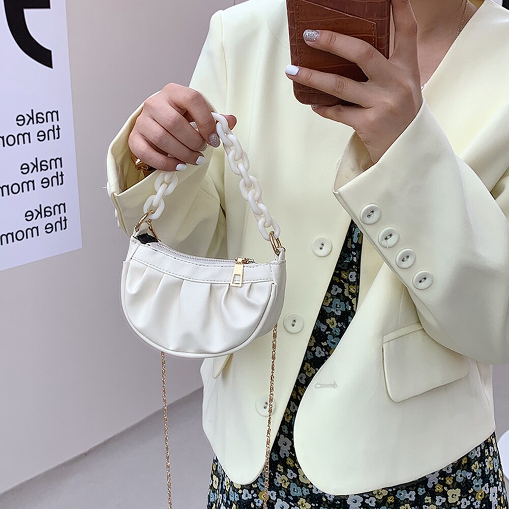 Vintage damen-umhängetasche mit falten, einfarbig, kette, schultertasche aus pu-leder, lässige kleine hobo-handtasche