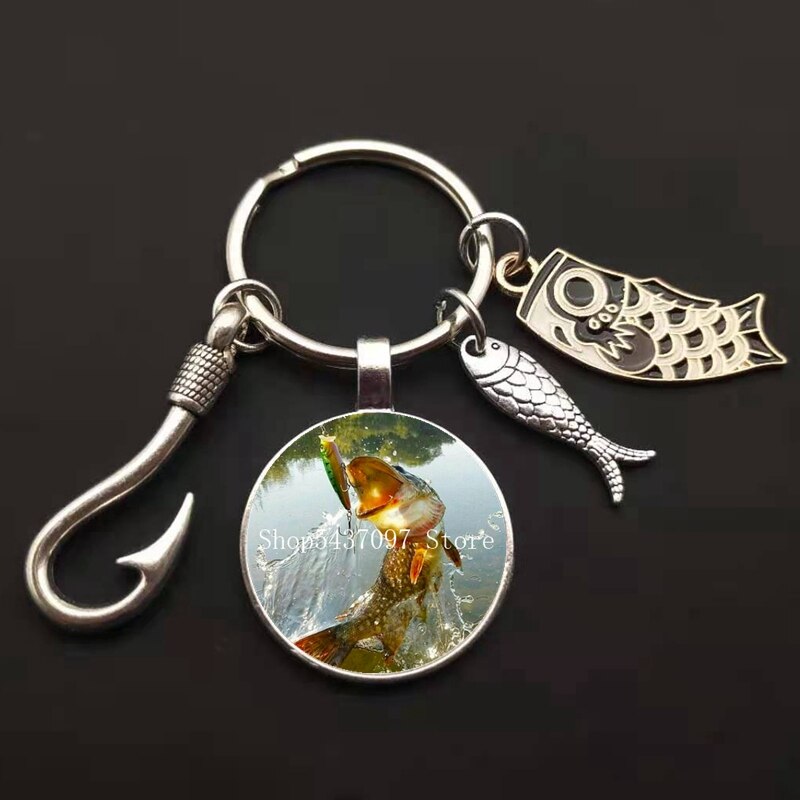 LLavero de maestro de pesca a la , llavero con anzuelo, llavero con cúpula de cristal, llavero de pescador I Love Fishing Fish, llave colgante