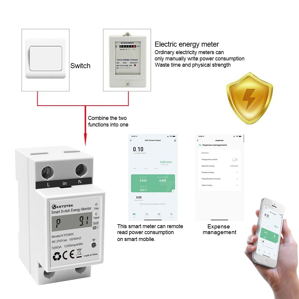 WiFi Smart Energy Meter Single Phase DIN Rail App Control Wattmeter Power Consumption Analyzer Voltage Current Meter 220V 50Hz