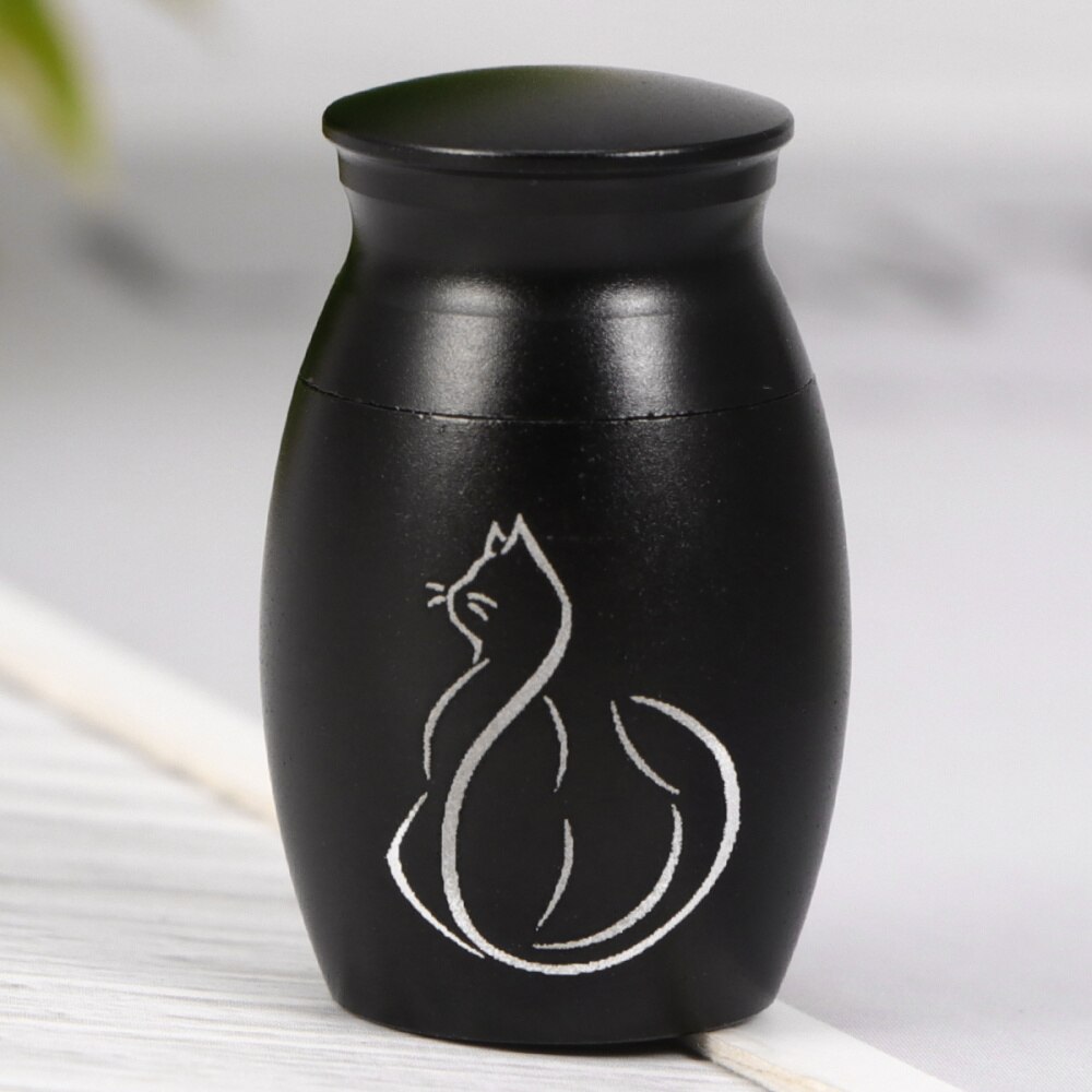 Pet Stainless Steel Cinerary Funerary Urn Jar Kitten Printed Urn Container with Opening Screw Lids (Black)