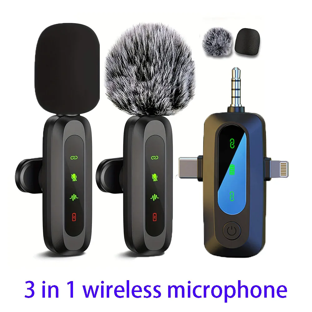 3 in 1 Lavalier Microphone Wireless Mini Mic For Phone/Tablet/PC Video Recording Clip-on 2 Mics For Vlog Podcast Content Creator: green