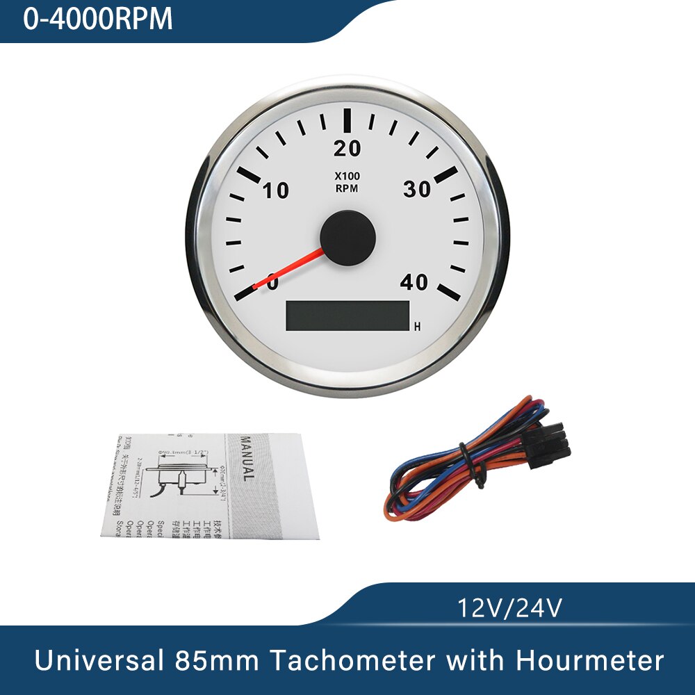 Universal 85mm Tachometer Engine RPM REV Counter with Hourmeter 9-32V with Red Backlight: 4K-WS
