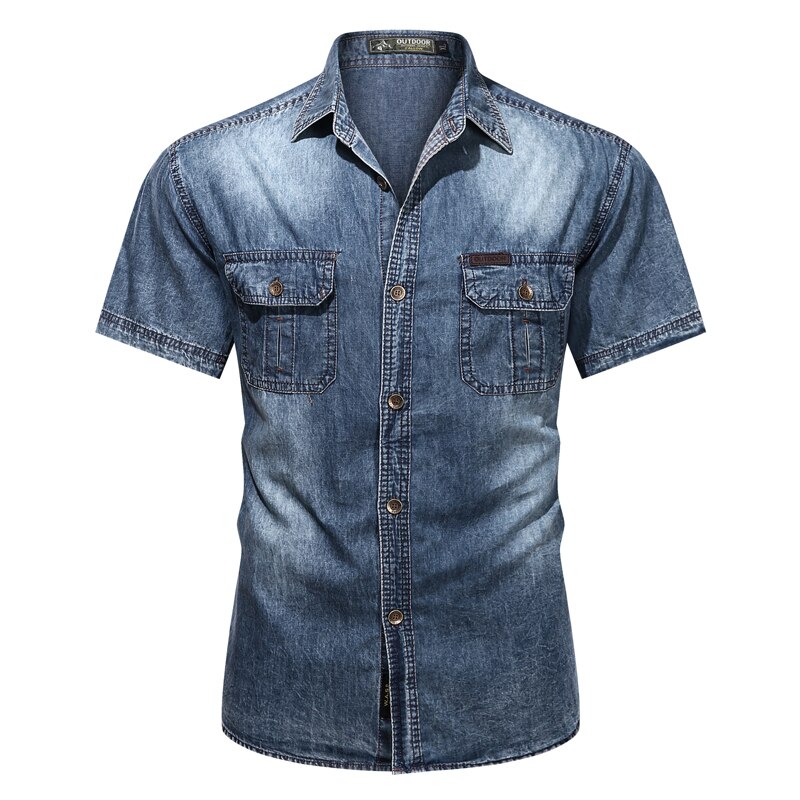 Camisa vaquera ajustada para hombre, camisa de manga corta azul, uniforme de , de negocios, estilo informal, verano,