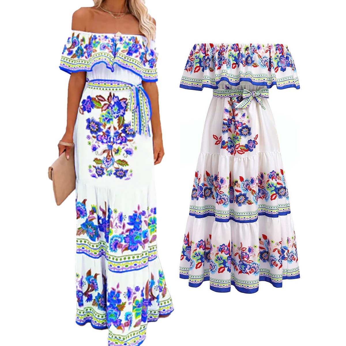 Mexican Traditional Ethnic Mexican Cinco De Mayo Summer Floral Print Off Shoulder Women Mexican Dress