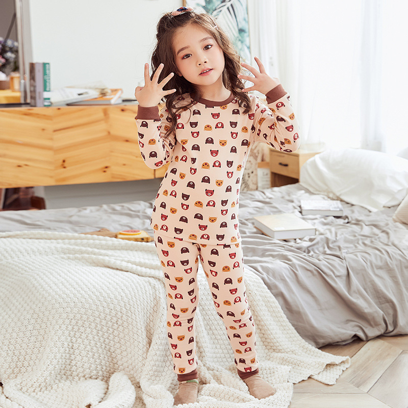 Kinderen Winter Kinderen Katoen Blend Lange Mouwen Ronde Hals Cartoon Beer Print Nachtkleding Tweedelige Broek Past Kleding Sets: Bear Coffee / 3-4T