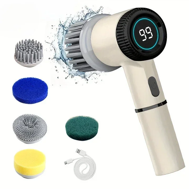 6in1 Electric Cleaning Brush Multifunctional Kitchen Bathroom Toilet Portable Powerful Clean Brush LED Display: WHITE