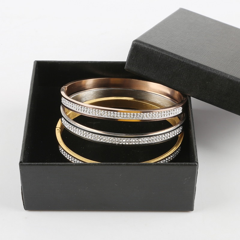 Joyería de 3 colores oro rosa plata dos filas de diamantes de imitación de cristal pavimentan pulseras de acero inoxidable brazaletes para mujeres de niña