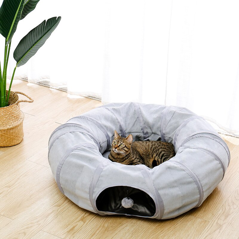 Gray Cat Toy Foldable Crossing Tunnel long Nest Cat Bed Environmentally Educational Pet Toy Round Suede Breathable Cat Bed