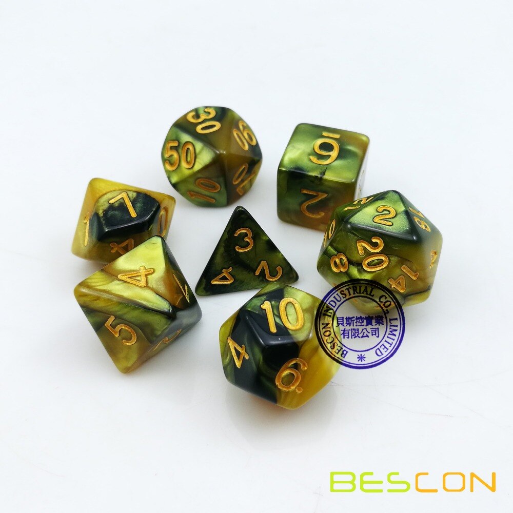 Bescon Golden Gemini Polyhedral Dice Set Complete 7pcs Set of d4 d6 d8 d10 d12 d20 d%