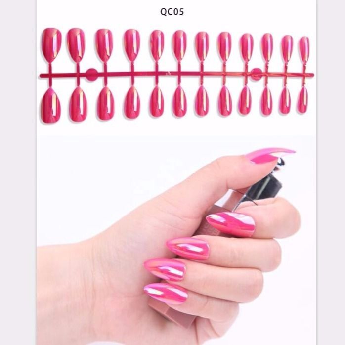 24 stk reflekterende spejl sølv pink metalbelægning falske negle akryl neglespidser metalliske spidse fingernegle: Qc05