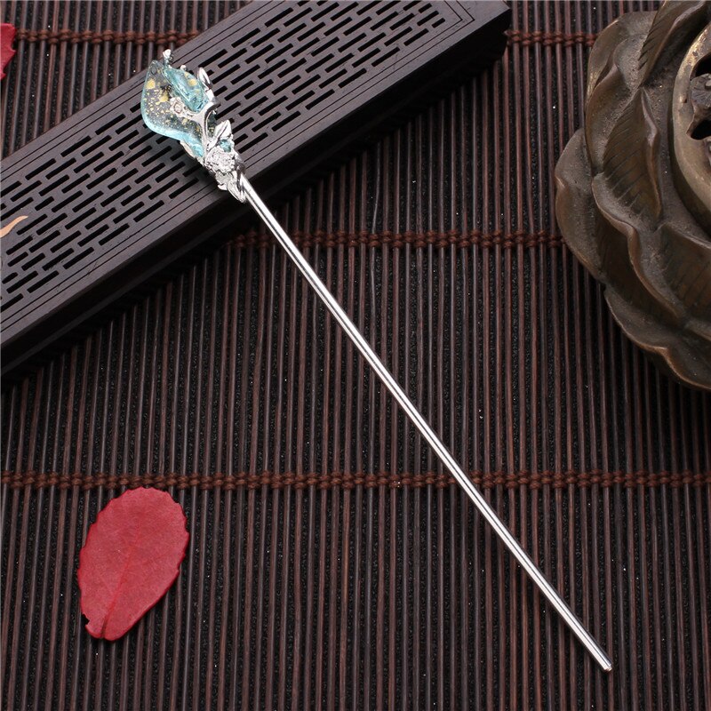 Moda chinês tradicional liga de metal vara de cabelo do vintage flor grampos de cabelo grampos para o cabelo feminino jóias acessórios presentes: Silver Blue