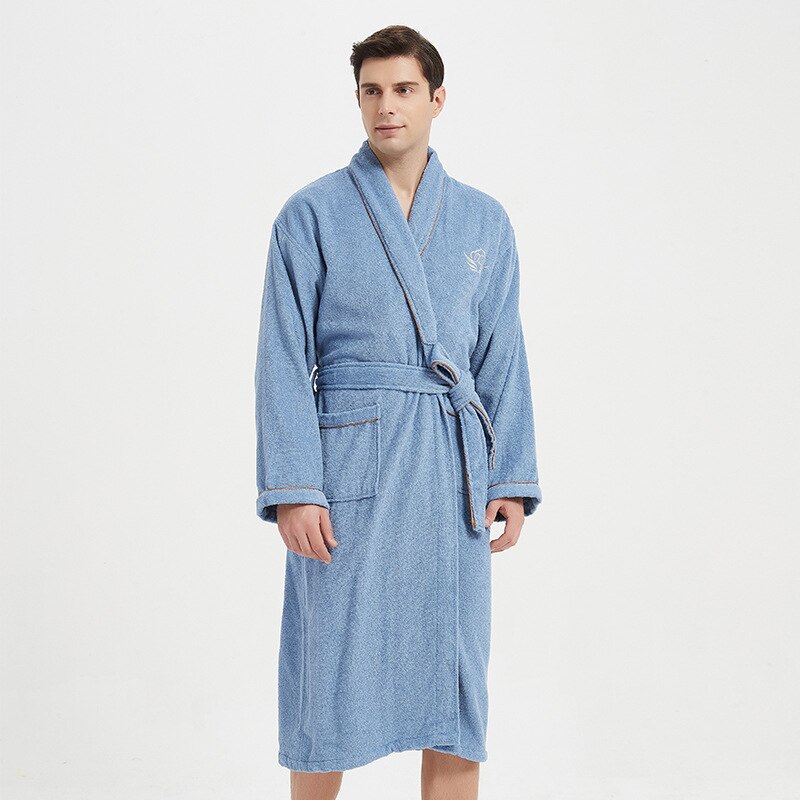 Peignoir d&#39;hiver en tissu éponge pour homme, 100% coton, très épais, , luxueux, couleur unie: Blue / L(165-185cm)