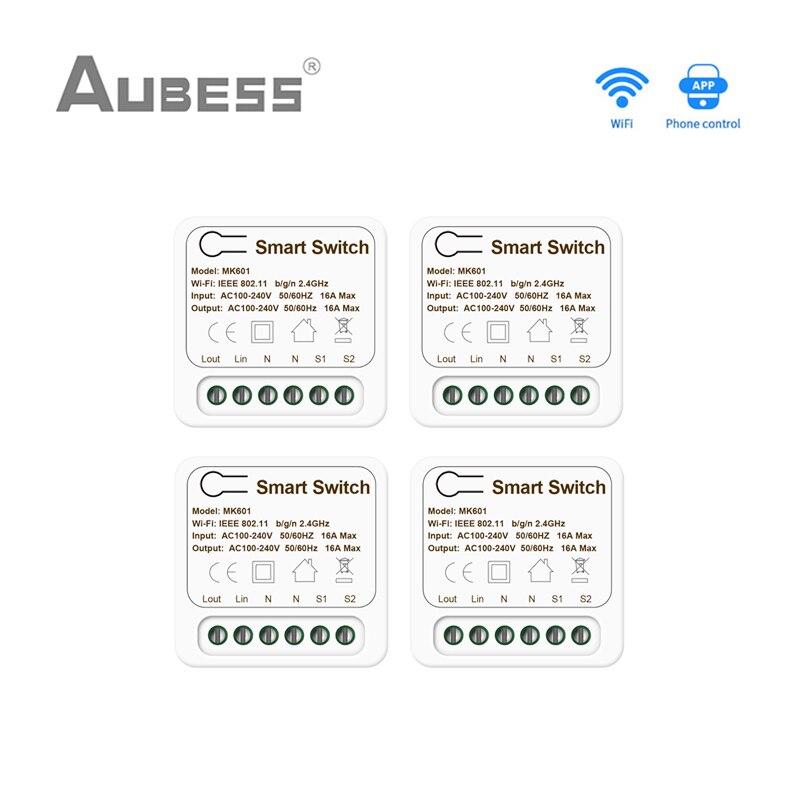Tuya WiFi MINI Smart Switch 2 Way Control 16A Switch Smart Home Works With Smart Life App Voice Control Alexa Google Home Alice: 4Pcs