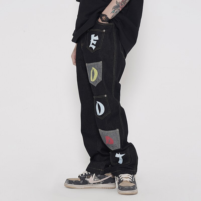 Retro Streetwear Letter Pocket Stitching Jeans Men and Women Straight Oversize Ripped Washed Denim Trousers Hip Hop Loose Pants