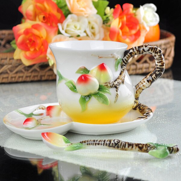 Peach Coffee Cup Colored Enamel Porcelain Bone China Tea Cups With Saucer And Spoon Caneca Copo 185ml