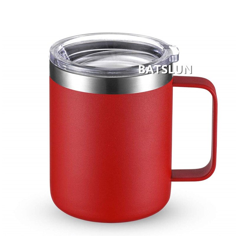12oz muggar tumbler rostfritt stål kaffemugg mugg med handtag dubbelvägg vakuumisolerad tumbler med lock resekoppar: Röd