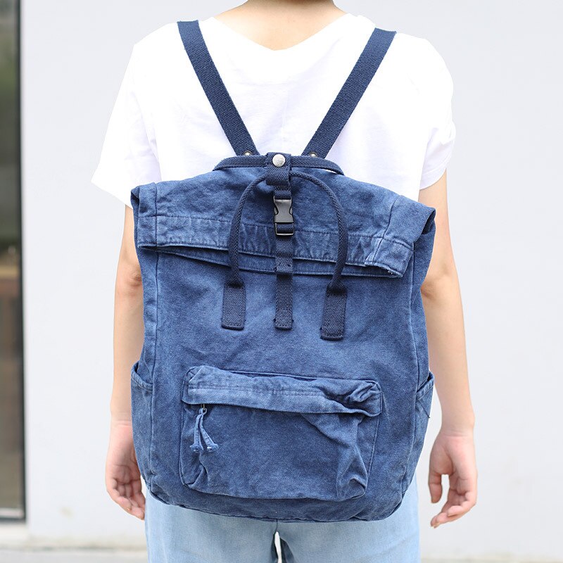 Vintage tvättad denim ryggsäck kvinnor tonåring avslappnad back to school väska kvinnligt tyg mjukt dagligt dagsäck student stor väska