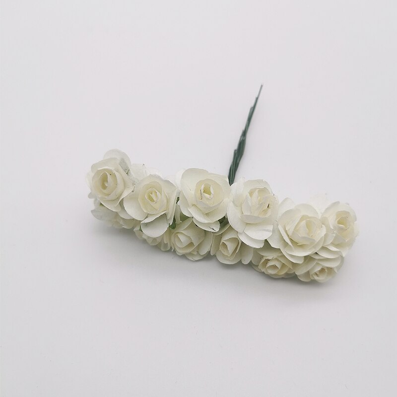 12 stk mini blomsterhode kunstig papir blomster rose brukt til bryllupsfest håndverk dekorasjon 19 farger: Melkehvit
