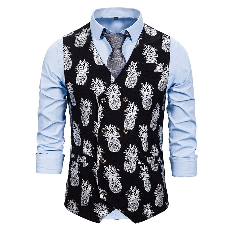 Ananas bronzing print väst män märke ärmlös v-ringad fest bröllopskostym västar väst män casual gilet homme