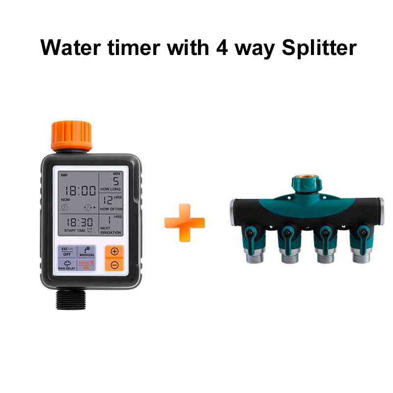 Automatisk vanding vandtimer lcd-skærm sprinkler controller udendørs have vanding timer enhed enhed værktøjssystem: Med 4- vejs splitter