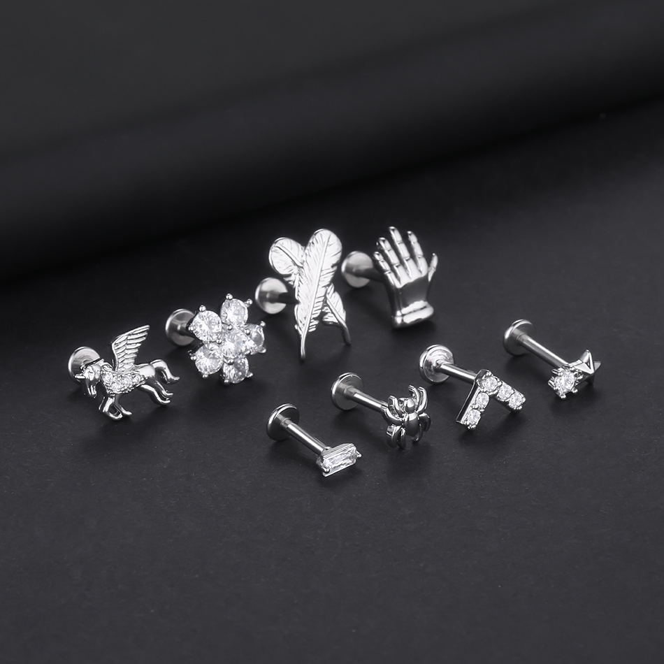 1 pieza de pluma de araña labio Monroe Studs Labret Piercing 16G CZ flor cartílago de la oreja Tragus Daith lóbulo Piercing pendiente para mujeres y hombres