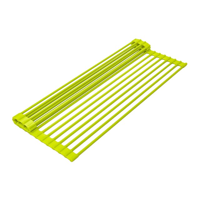 Dishwasher Safe Food Defrost Silicone Coated Foldable Roll Up Stainless Steel Dish Drying Rack: Light Green