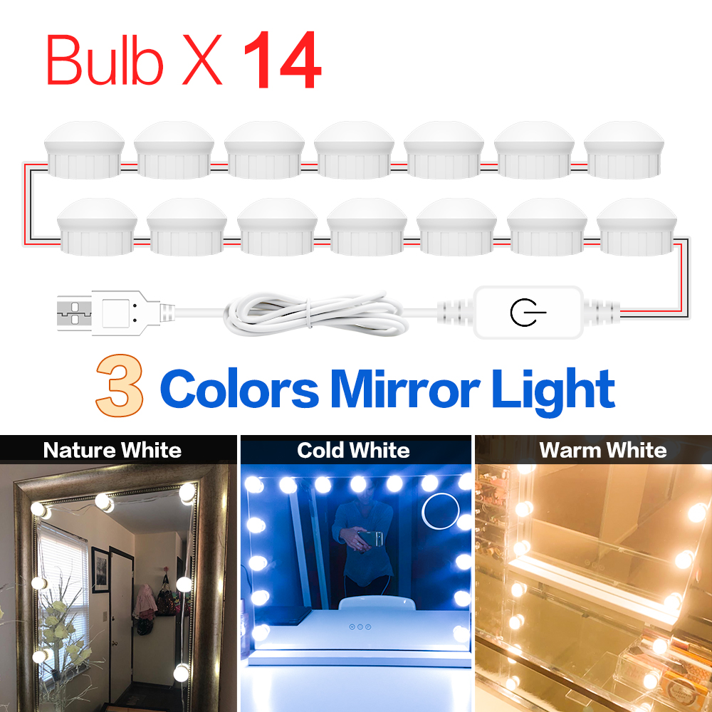 Led Vanity Light Makeup Mirror Light Bulb 12V LED USB Cable Powered Dressing Table Make Up mirror Lamp Decor Bathroom Wall lamp: 3 Colors 14 Bulbs