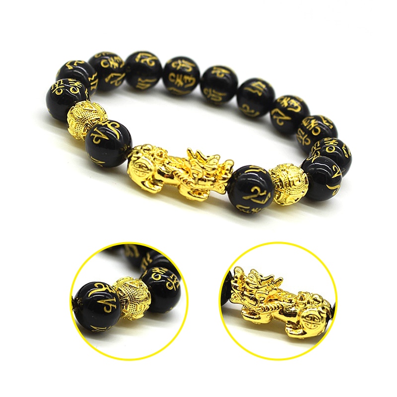 1Pc Feng Shui Schwarz Obsidian Armbinde Gold Schwarz Pixiu Armbinde Reichtum Glück Drachen Glas Schmuck unisex Amulett Armbinde