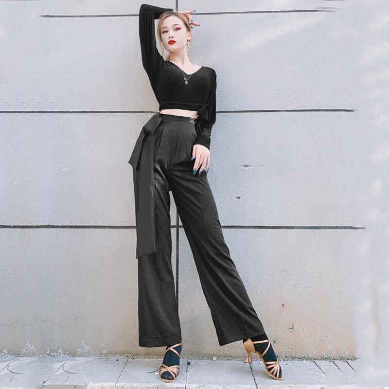 Pantaloni da ballo latino da donna nastri pantaloni a gamba larga pantaloni neri Cha Cha rubinetto abbigliamento da ballo pratica abbigliamento da competizione DNV14134