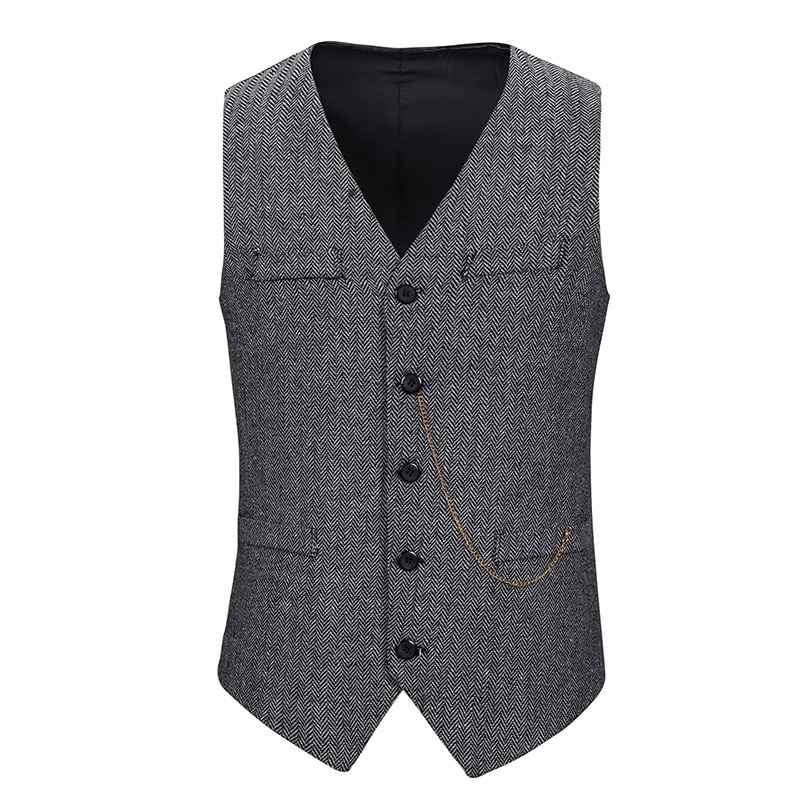 Gray Herringbone Tweed Dress Vest Men Brand Slim Fit Single Breasted Vest Waistcoat Men Business Wedding Vests Gilet Homme