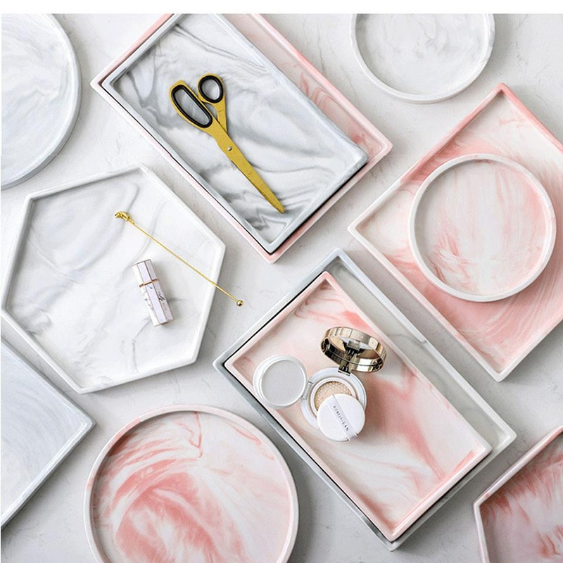 Nordic Pink Ceramic Storage Box Tray Marble Pattern Bedroom Jewelry Storage Board Kitchen Tableware Living Room Decoration