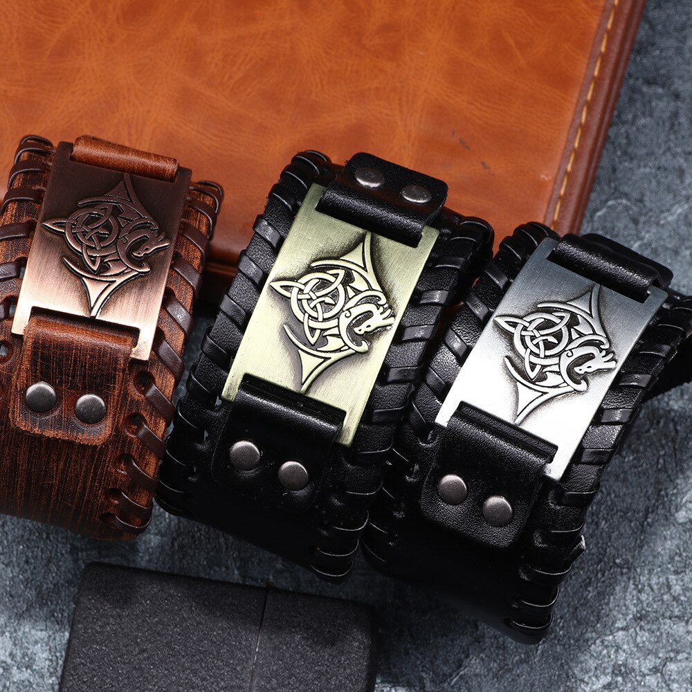 Mannen Stijl Legering Totem Charm Gevlochten Lederen Armband Brede Polsband Rijkdom Welvaart Manchet Bangle Armband Sieraden