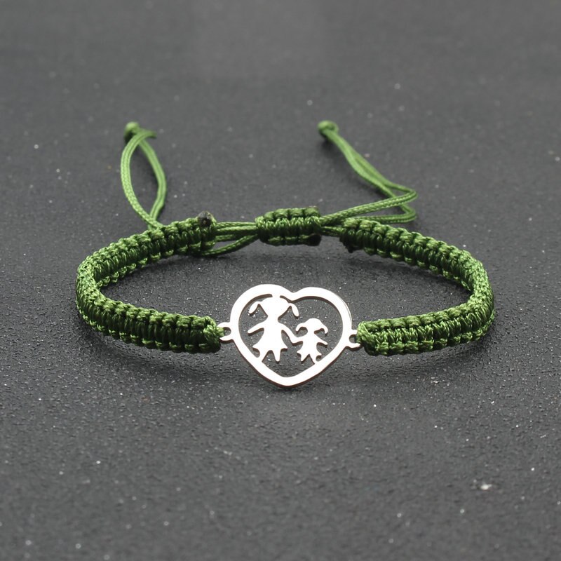 Ręcznie plecione liny bransoletka ze stali nierdzewnej w kształcie serca matka i córka uroku bransoletki dla kobiet biżuteria mankiet Pulsera: ArmyGreen