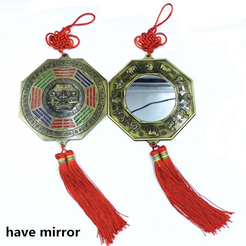 Miroir Feng Shui Foo chien mordant une épée baguette avec pompon à nœud chinois pour le bureau, Protection de la famille