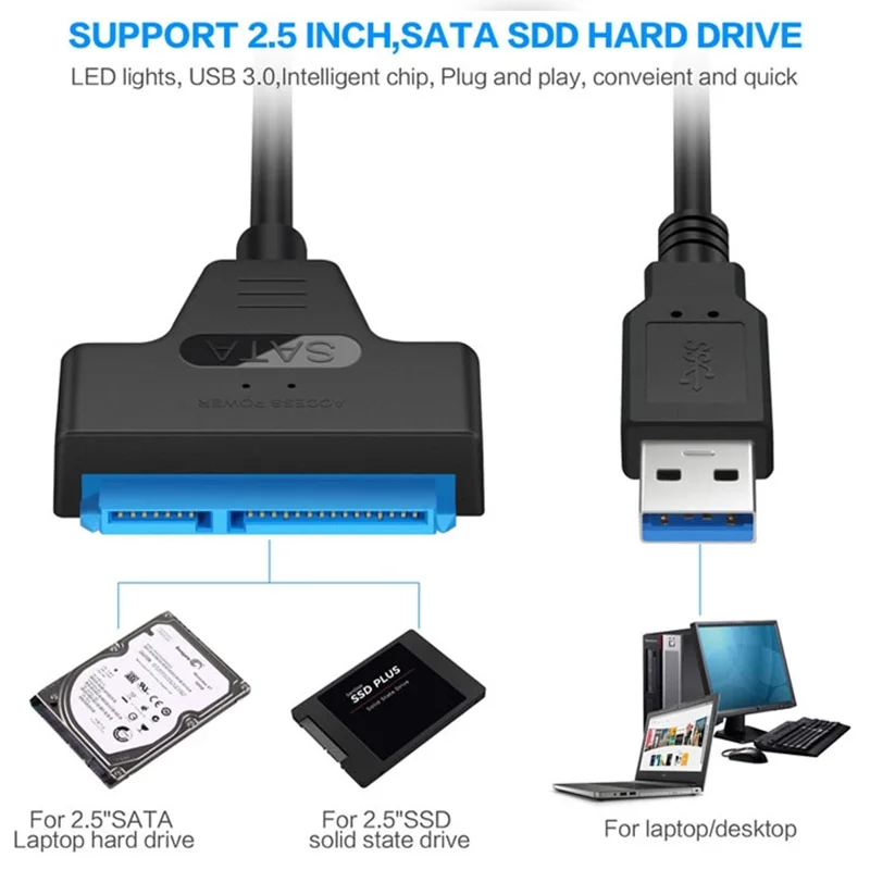 Sata til usb 3.0 / 2.0 /  type c adapterkabel op til  to 6 gbps til 2.5 tommer ekstern harddisk, ssd-harddisk, 22- bens adapter sata iii-kabel