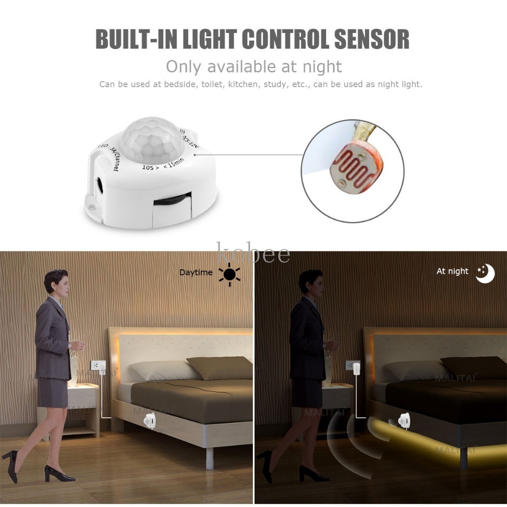 Lámpara LED con Sensor de movimiento para armario, lámpara de cama debajo del gabinete, luz nocturna, tira LED Flexible, cinta de 12V, 110V, 220V, fuente de alimentación de EE. UU. y UE
