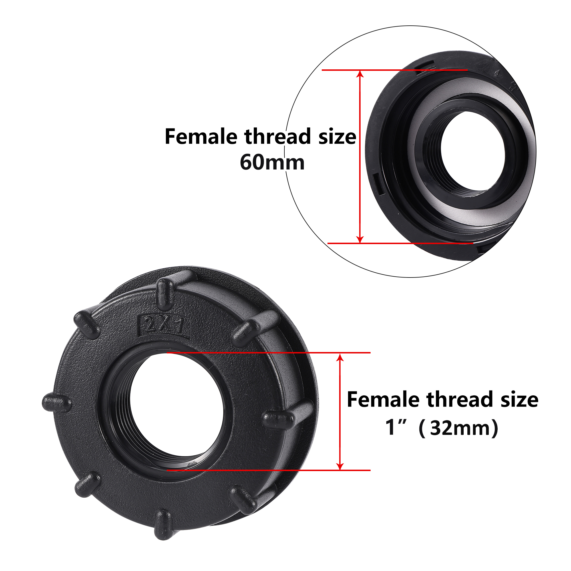 Durable IBC Tank Fittings Universal S60X6 Coarse Threaded Cap 60mm Female Thread To 1/2 ", 3/4", 1 " Water Tap Adapter Connector: black