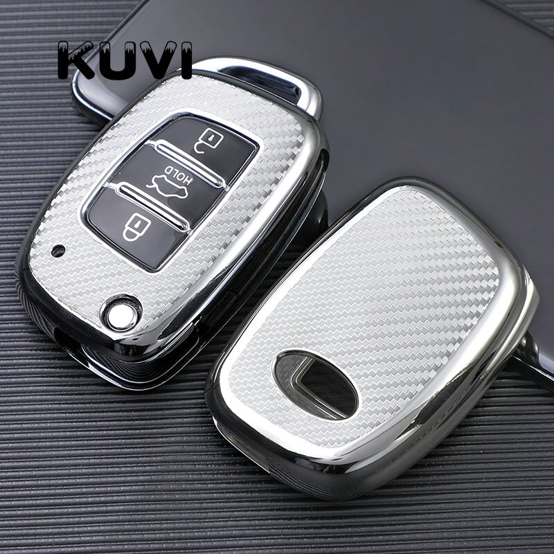 Carbon Fiber TPU Car Key Cover Case Shell for Hyundai Tucson Creta Ix25 I10 I20 I30 Verna Mistra Elantra Santa Fe: silver