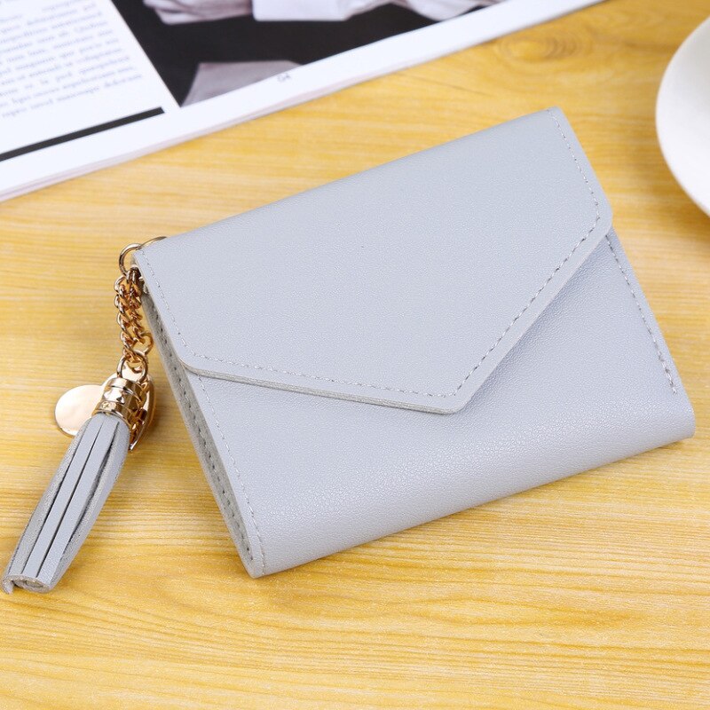 Cartera de cuero Pu con borlas para mujer, cartera con colgante, Portable, con botón, para tarjetas: light gray