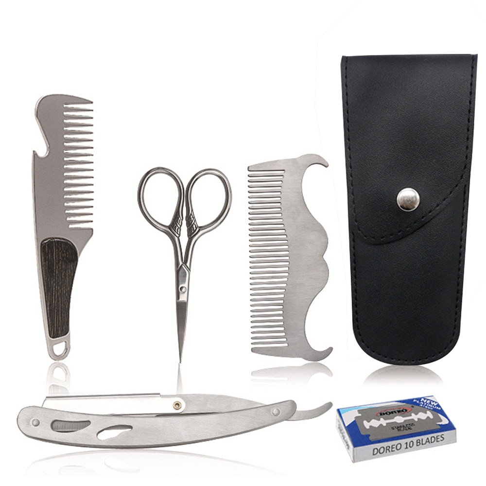 1 Set Men Beard Care Set Beard Razor Trimmer Hair Shape Comb Shaving Manual Small Scissors Home Hair Removal Tools Kit