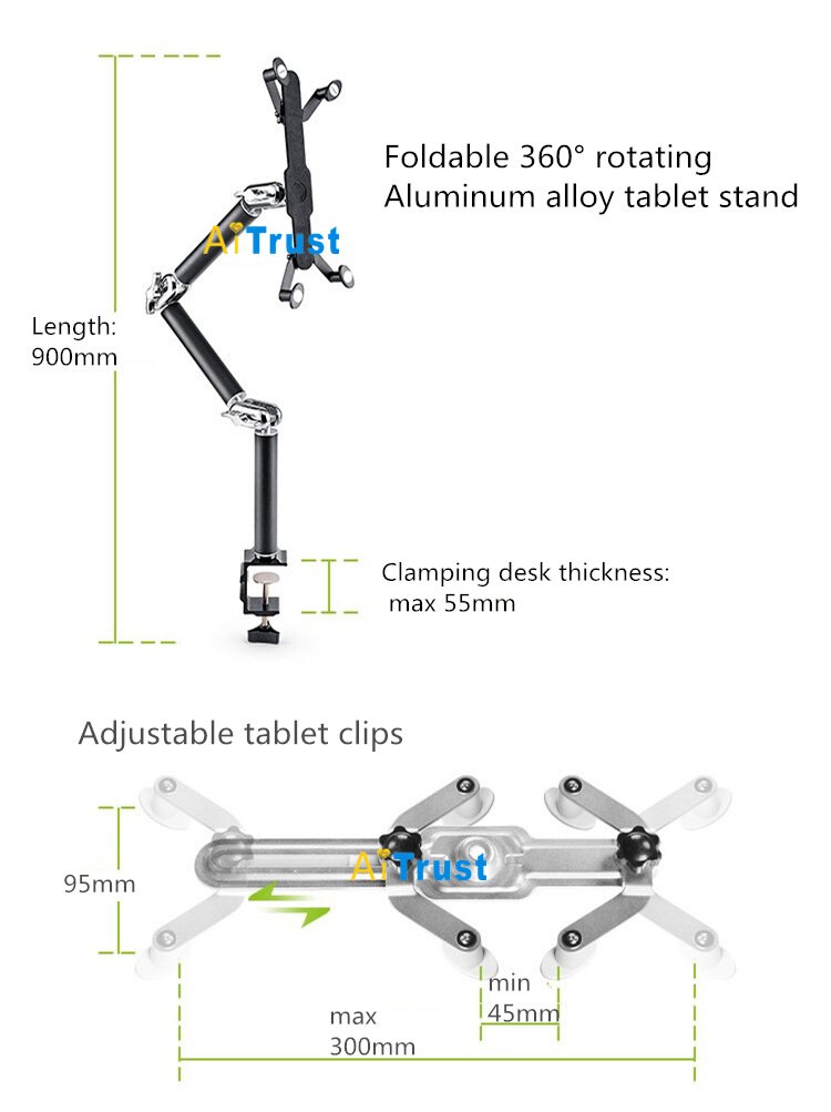 Tablet Holder Clamp Table Foldable Multifunction Car Stand Aluminum 360 Rotation Wall Mount Bed Bracket for iPad Air Mini 7-11''