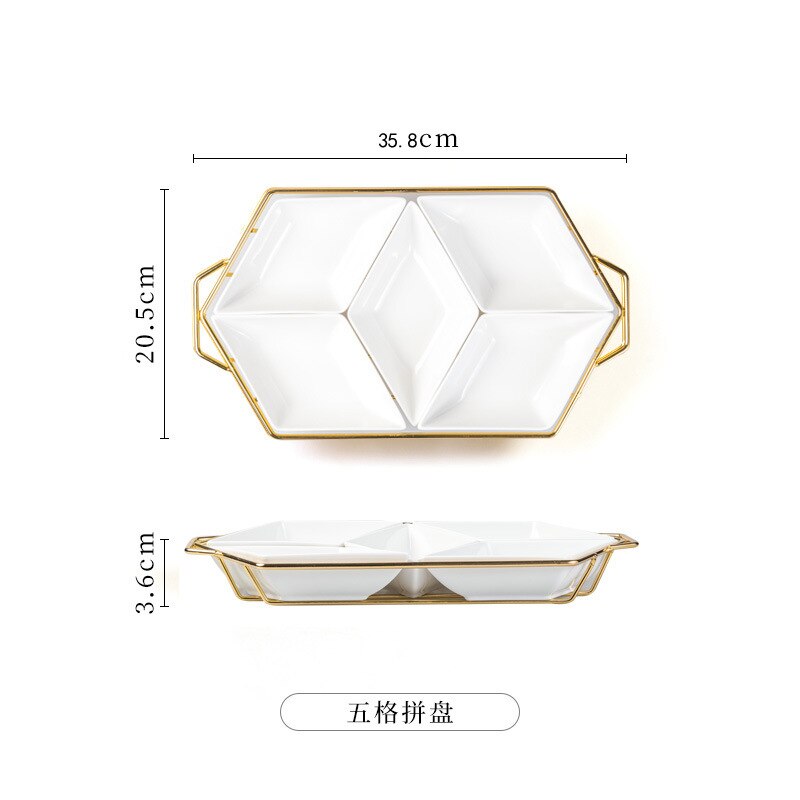 European-style Iron Art Ceramic Platter Diamond-shaped Fruit Plate Divided Cake Snack Nut Plates: 5grids white